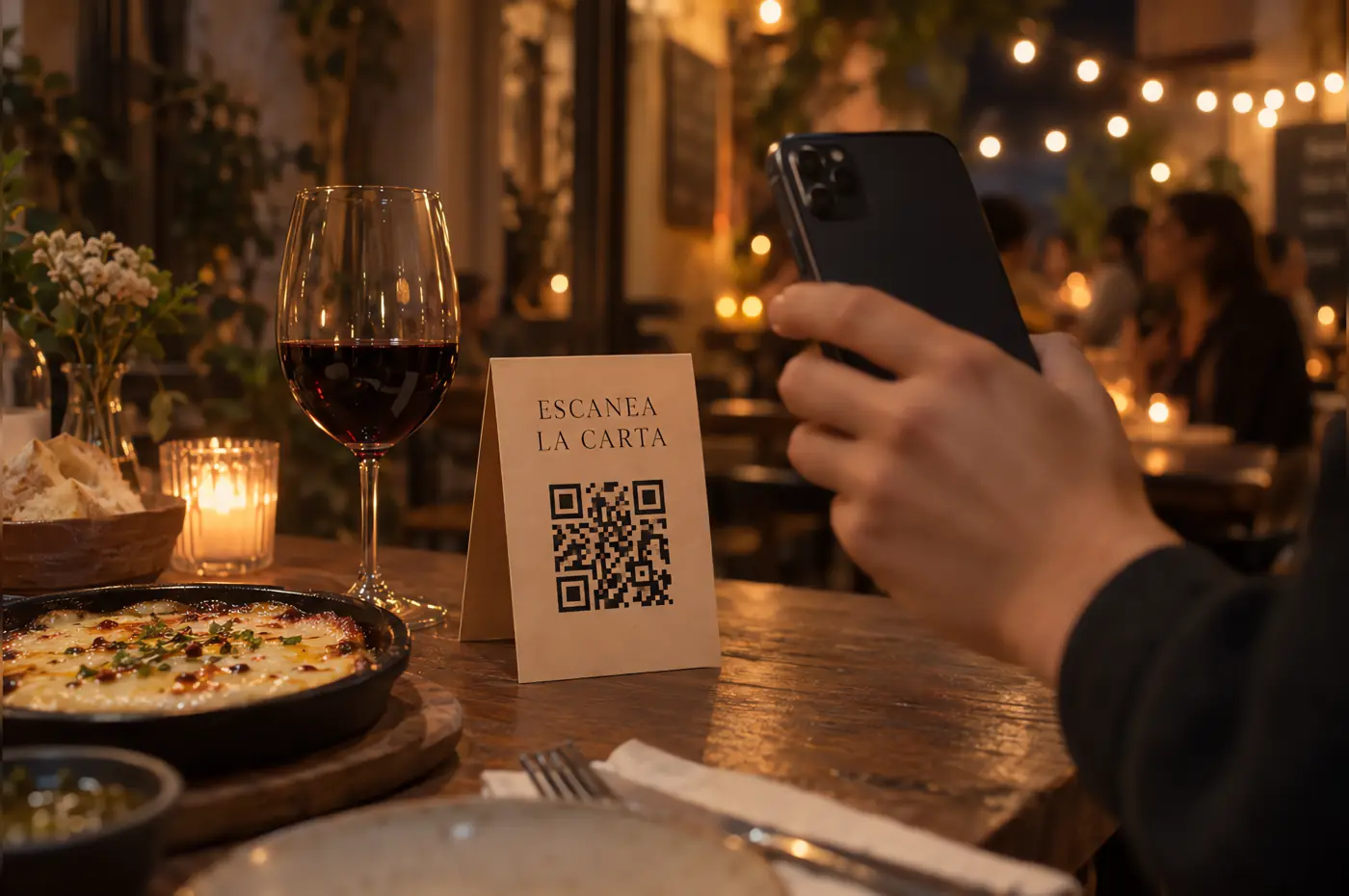 Mesa de restaurante con el cartel QR de la carta